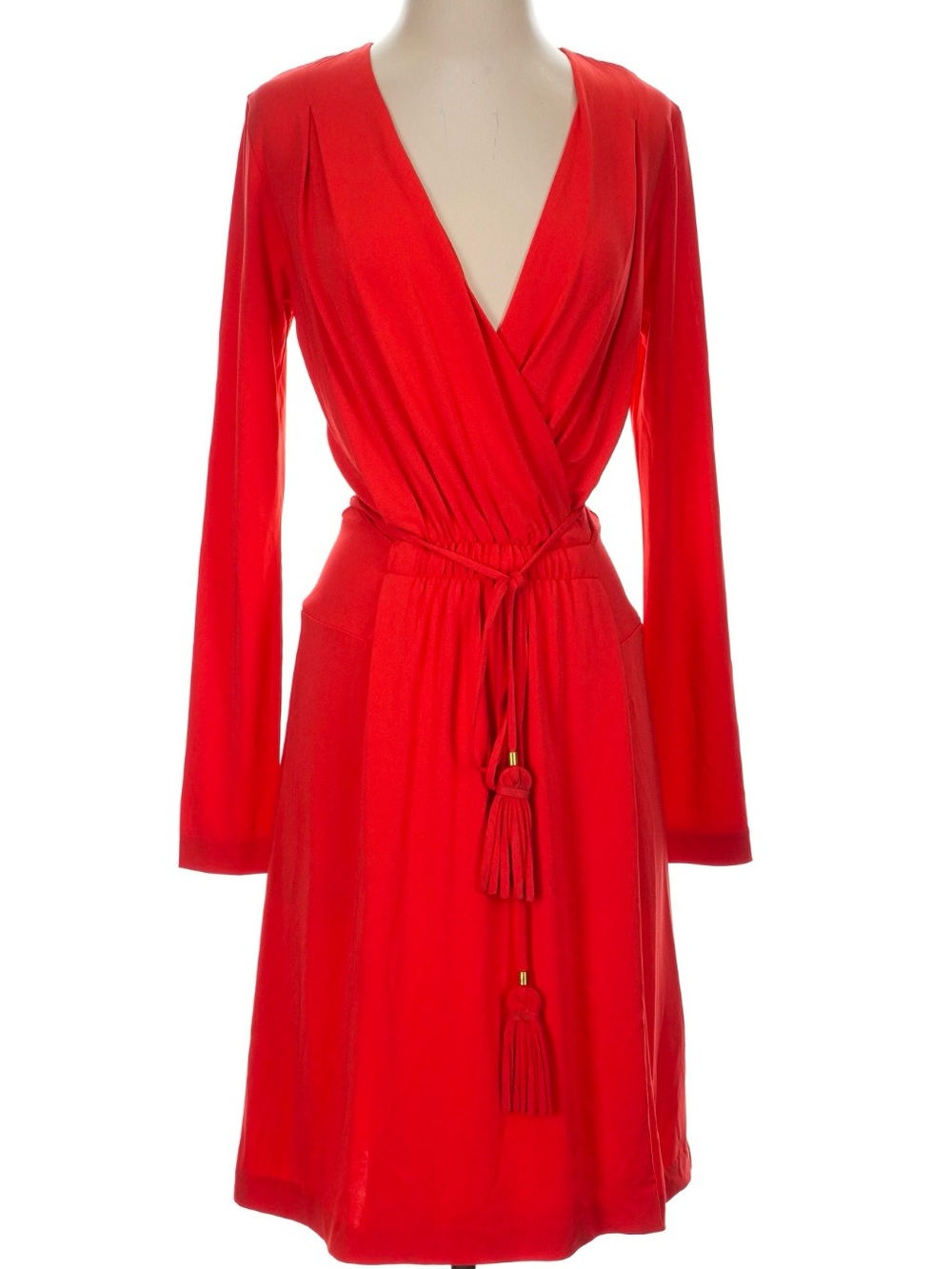 Boston Proper Red Long-Sleeve Wrap-Style Dress with Tassel Tie